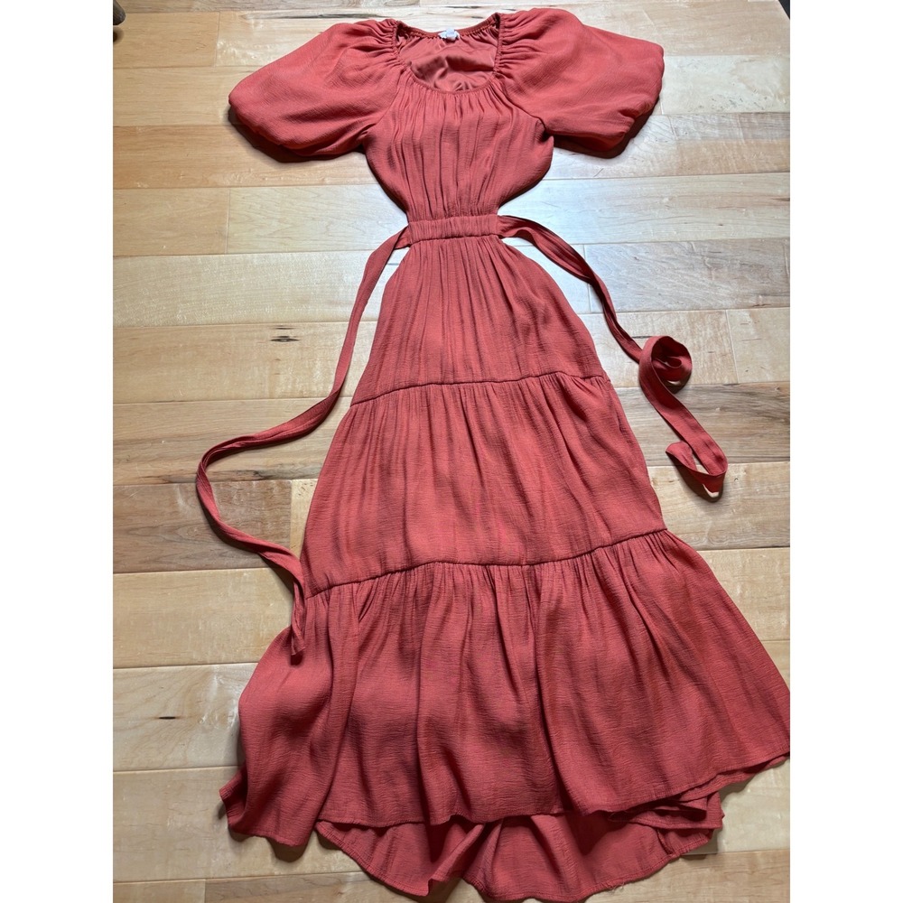 By the River Maxi Dress Women S Rust Cutout Back Puff Sleeve Tiered Boho